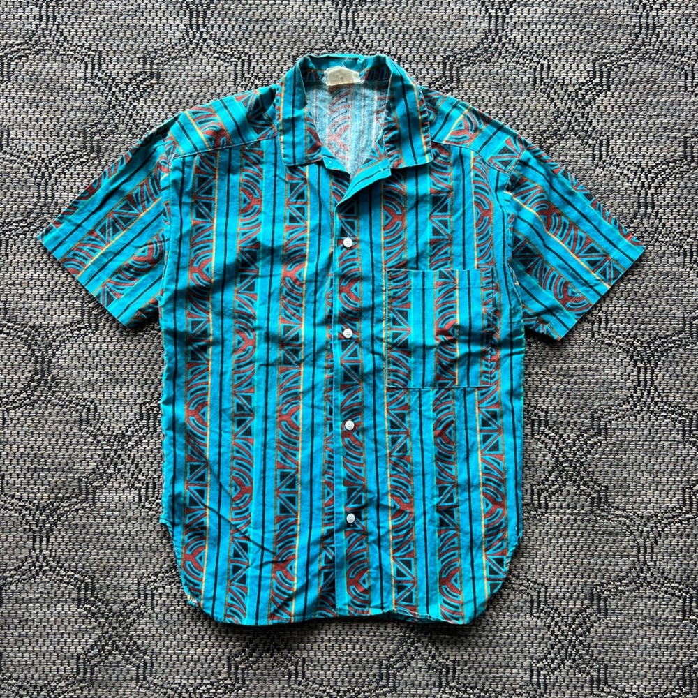 Vintage Tropical Shirt Mens Small Turquoise Tribal Geometric Print Cotton Canada